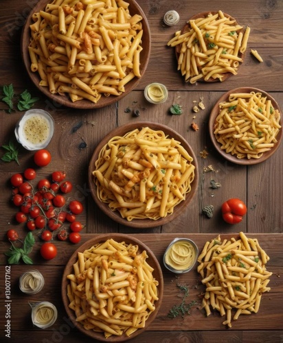 Pasta arranged in a collage on a wooden table, italian,  culinary art,  wood
