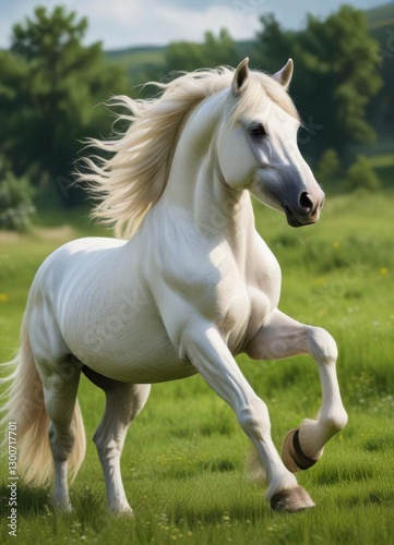 Majestic White Stallion with flowing mane and tail in a lush green meadow,  stallion, white unicorn horse,  nature