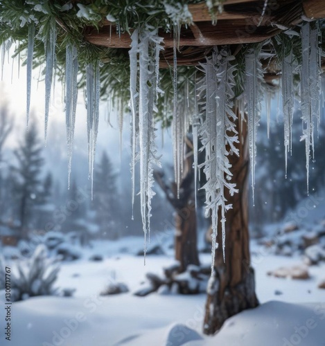 Winter wonderland scene with snowflakes and icicles,  festive atmosphere,  icicles