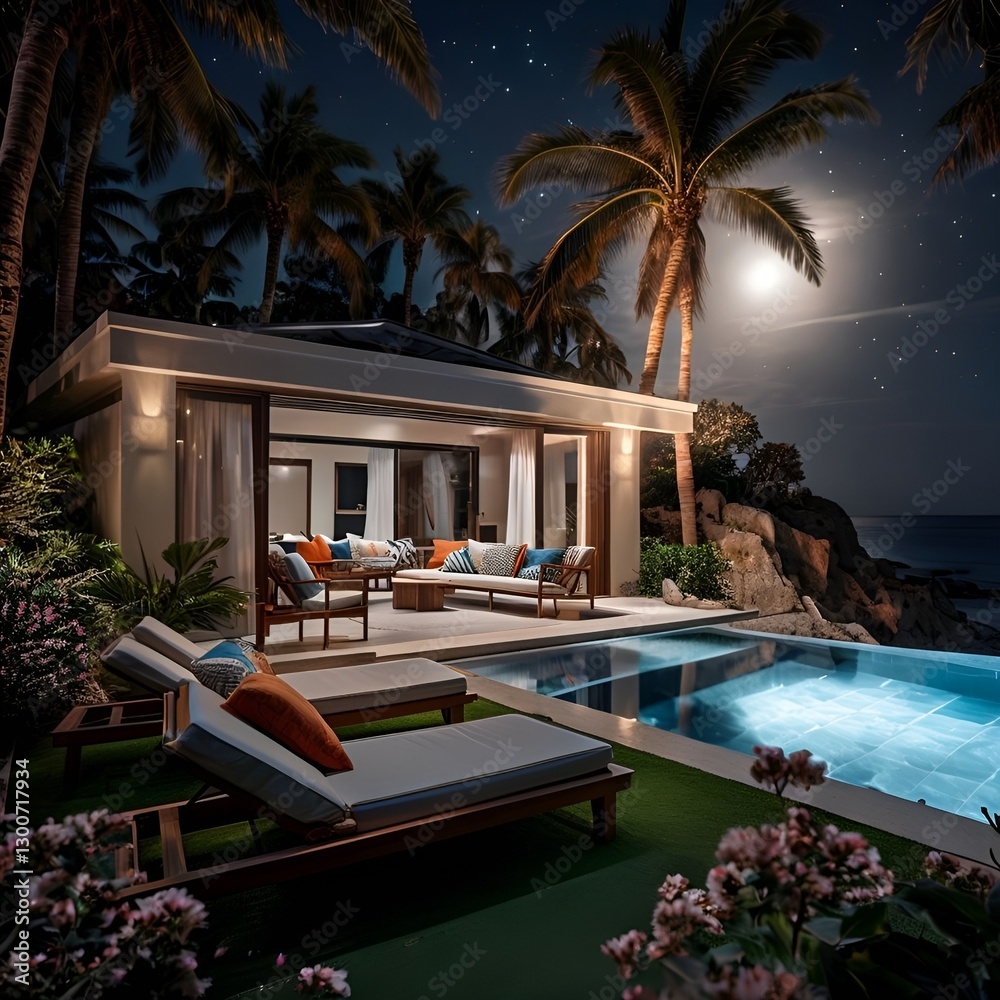 Fototapeta premium Modern beach house under moonlight with pool 
