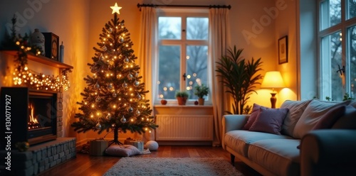 A beautifully decorated Christmas tree stands tall amidst a cozy living room filled with soft cushions and warm glow of fairy lights, warm glow, living room, christmas tree