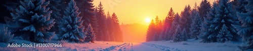 A frosty dawn breaks through the evergreen trees of the forest, dawn, cold
