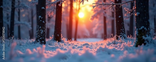 A frosty morning in the forest with a warm orange sun peeking through the trees, leaves, winter, sun