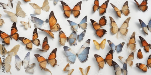 A collection of delicate butterfly wings in isolation against a clean white surface,  close-up,  colorful insects