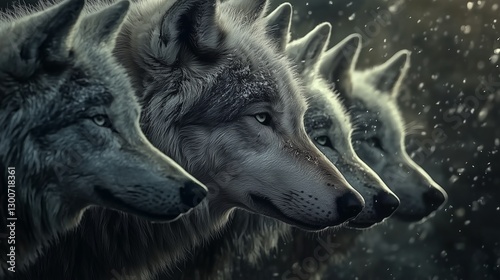 Close up portrait of a mighty dangerous, furious wolf pack in the forest.
