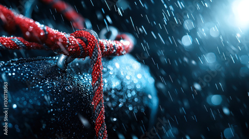 Close up of waterproof rescue bag with red rope in rain, showcasing droplets and dramatic lighting