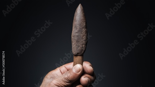 A stone spear in the hand of ancient human hunter