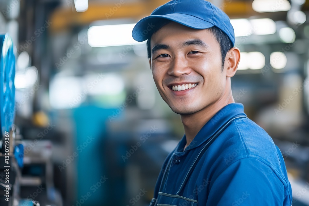 Smiling Asian Male Factory Worker Industrial Portrait Blue Uniform Happy Professional Hardworking Employee Manufacturing Industry Strong Confident Smiling Asian Male Factory Worker Industrial Portrait Blue Uniform Happy Professional Hardworking Employee Manufacturing Industry Strong Confident