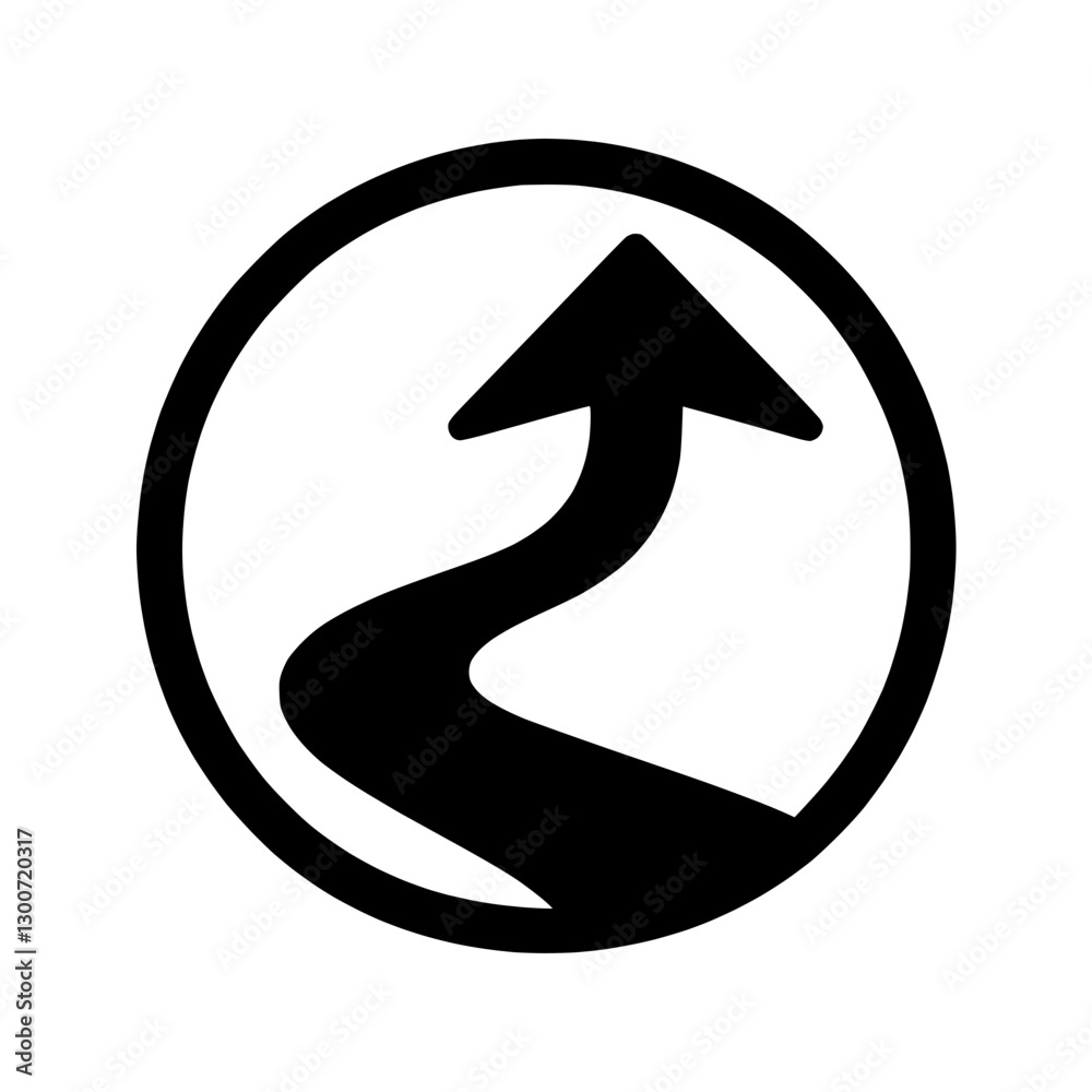 Curved road icon with an upward arrow representing direction, journey, and progress Curved road icon with an upward arrow representing direction, journey, and progress