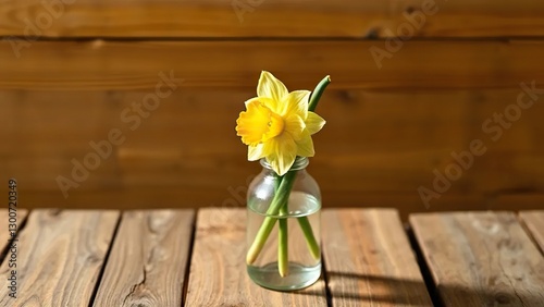 Bright single daffodil in a clear glass vase on wooden boards, arrangement, springtime, floral