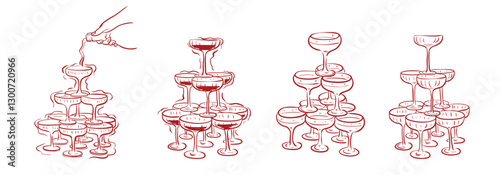 Hand drawn wedding champagne tower collection vector. Sketch wedding wine glass line art
