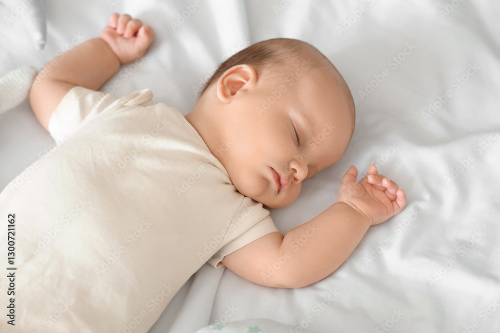 Cute little baby sleeping on bed, top view Cute little baby sleeping on bed, top view
