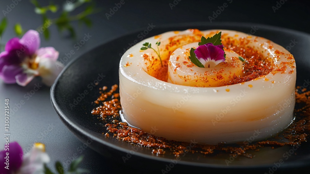 A gourmet-style fufu dish shaped into an intricate spiral, plated with a delicate foam of spicy soup, with edible flowers scattered around, set against a sleek black background A gourmet-style fufu dish shaped into an intricate spiral, plated with a delicate foam of spicy soup, with edible flowers scattered around, set against a sleek black background