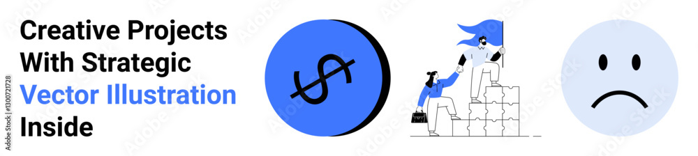Team collaborating on stacked blocks, dollar symbol representing finance, and a sad face emotion. Ideal for teamwork, finance, emotions, business strategy, collaboration, marketing flat landing page Team collaborating on stacked blocks, dollar symbol representing finance, and a sad face emotion. Ideal for teamwork, finance, emotions, business strategy, collaboration, marketing flat landing page