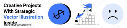 Team collaborating on stacked blocks, dollar symbol representing finance, and a sad face emotion. Ideal for teamwork, finance, emotions, business strategy, collaboration, marketing flat landing page