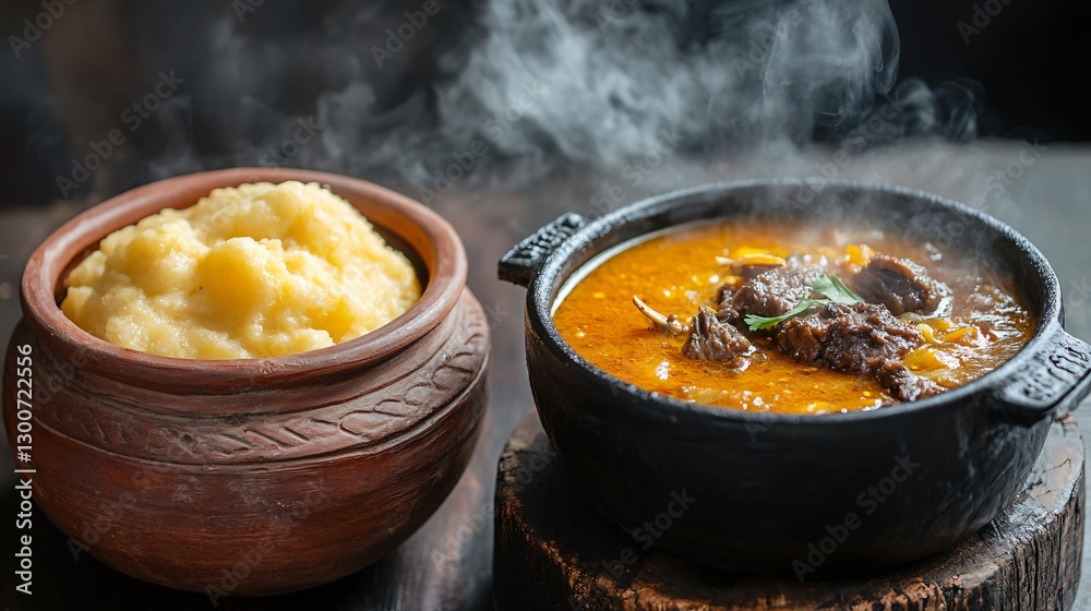 A rustic clay pot filled with hot, golden fufu, next to a sizzling pot of goat meat pepper soup, with steam rising dramatically against a dark textured background A rustic clay pot filled with hot, golden fufu, next to a sizzling pot of goat meat pepper soup, with steam rising dramatically against a dark textured background