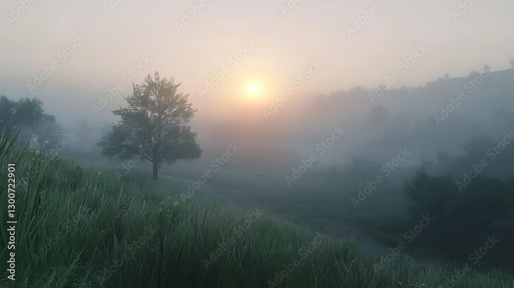 A foggy morning with the sun just barely visible. A foggy morning with the sun just barely visible.