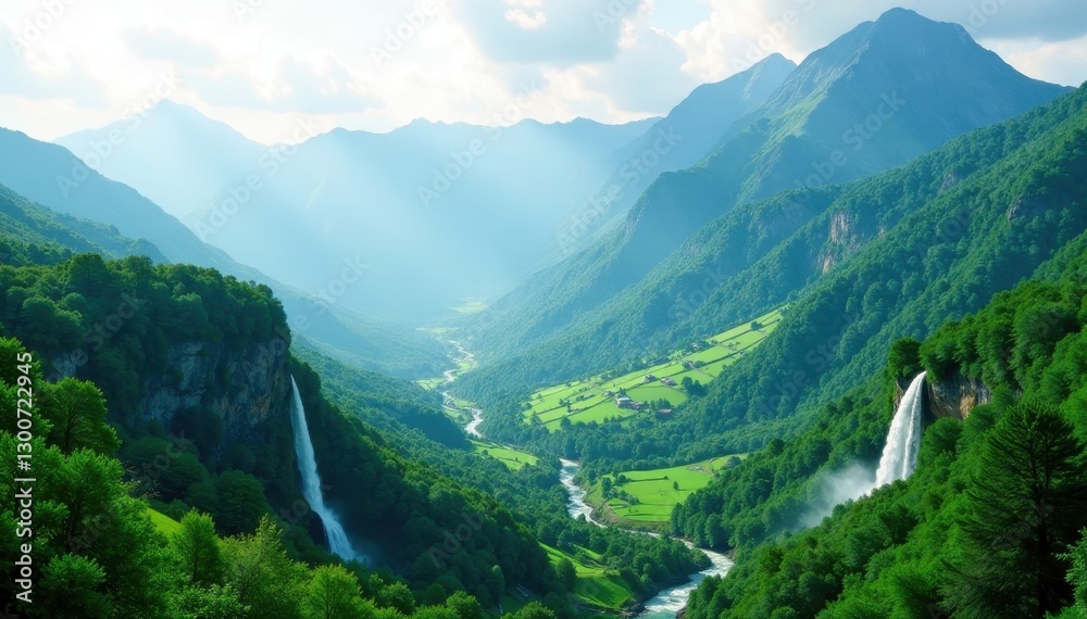 Naklejka premium Misty mountain peaks, lush green valleys, cascading waterfalls, image, beautiful