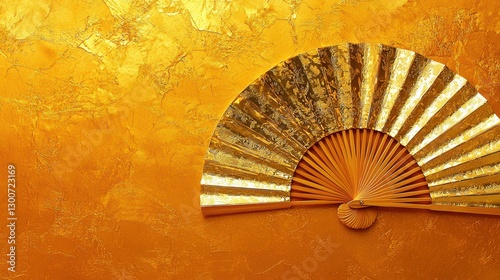 Exquisite golden hand fan against a textured golden surface background