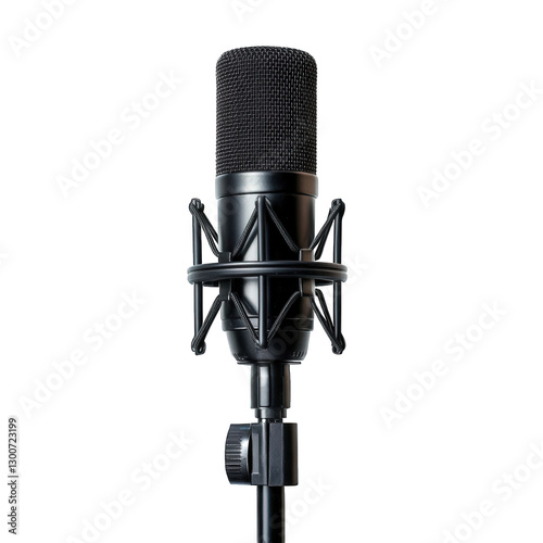 black microphone mounted on a stand. designed for recording or amplifying sound its mesh top allows for clear audio capture. making it ideal for music. podcasts. or broadcasting the microphone is posi