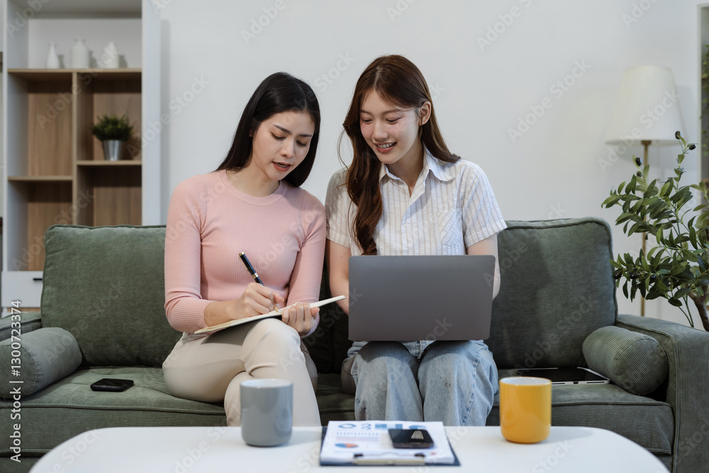 Happy two woman entrepreneur, small business owner working online talking discussion ideas. Happy two woman entrepreneur, small business owner working online talking discussion ideas.