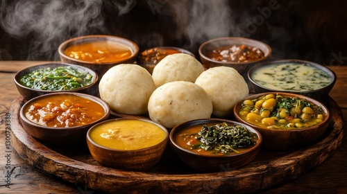 A traditional African wooden platter holding soft fufu balls, surrounded by steaming bowls of assorted soups including egusi, okra, and pepper soup, against a rich earth-toned background