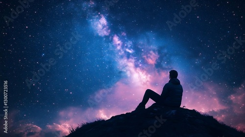 Stargazer's Serenity: A silhouette of a person sits on a hilltop, gazing at the awe-inspiring expanse of the Milky Way. The scene is a blend of wonder and tranquility.