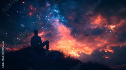 Under the Cosmic Canvas: A solitary figure contemplates the vastness of the night sky, bathed in a radiant and vibrant nebula, a celestial canvas painted with swirling clouds of gas and dust. photo