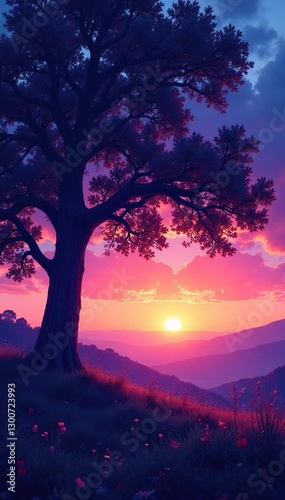 Dichte Baumkrone mit blau-violettem Himmel und Sonnenuntergang am Horizont, trees, violet, branches