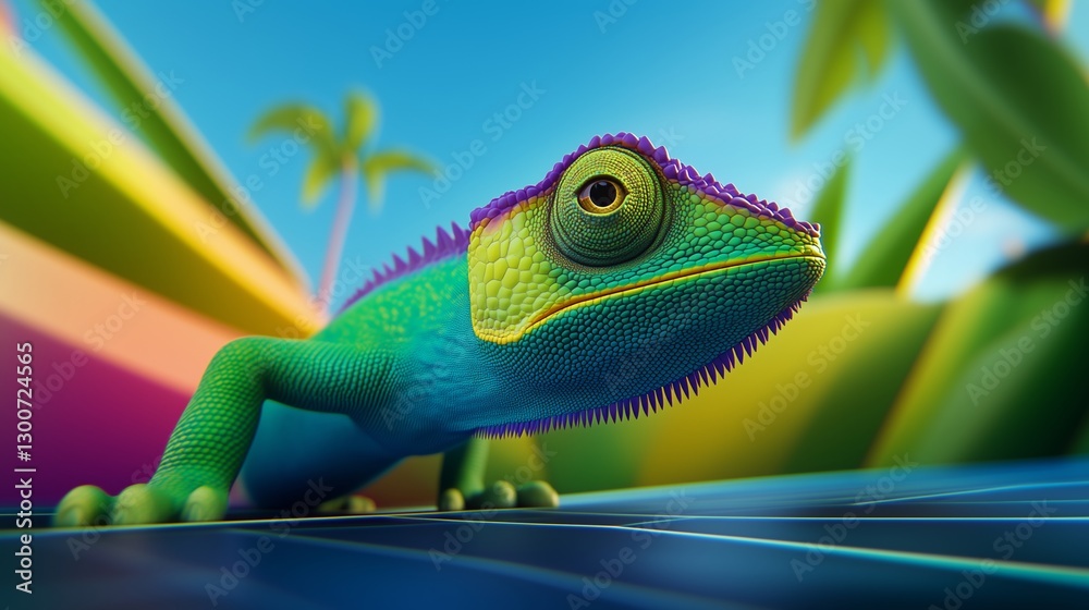 Obraz premium A vibrant green and purple chameleon, looking at the camera with an inquisitive expression against the background with palm trees. 3D rendering.