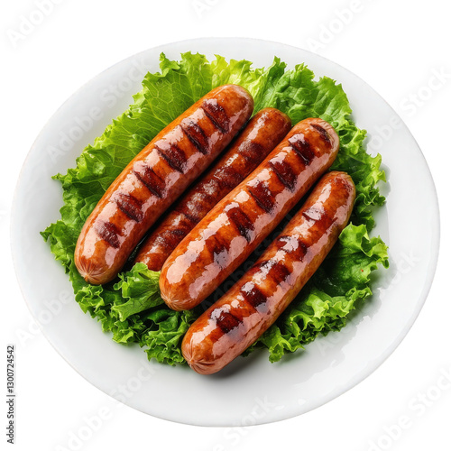 four grilled sausages arranged on a bed of fresh green lettuce. served on a white plate the sausages are shiny and have grill marks. suggesting a delicious. cooked meal ideal for barbecues or casual d photo