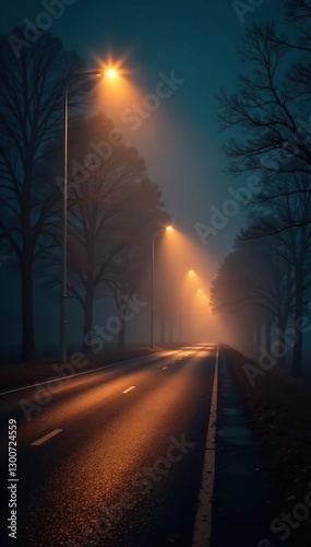 Dim streetlights cast a misty glow on the empty road, quiet, foggy road at night