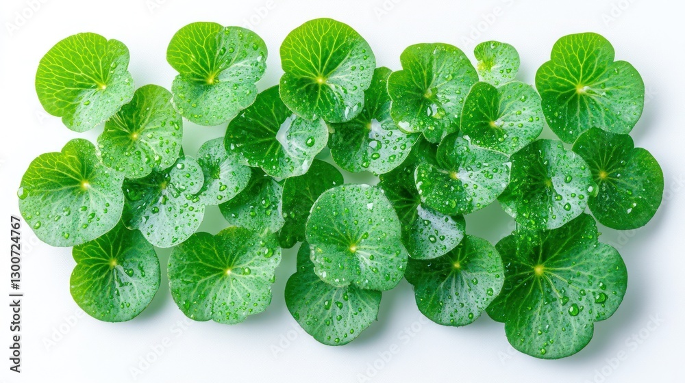 Obraz premium Fresh green leaves with water droplets on white background.