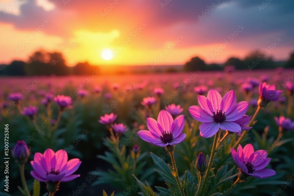 Fototapeta premium Sunset illuminates vibrant purple wildflowers , design, nature