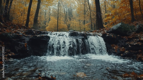 Autumnal waterfall cascading over rocks in a forest.