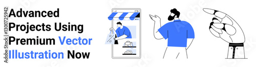 Mobile storefront setup, person gesturing, robotic hand pointing. Ideal for e-commerce, business, innovation, design, marketing technology branding. Perfect for flat landing page banner