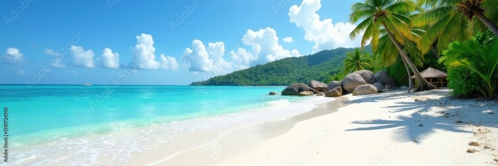 White sand beach, crystal clear water, abundant greenery , sunny, beautiful, palms White sand beach, crystal clear water, abundant greenery , sunny, beautiful, palms