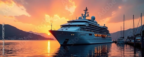 Luxury cruise ship moored in the harbor at sunset, marina, vessel, sailboat
