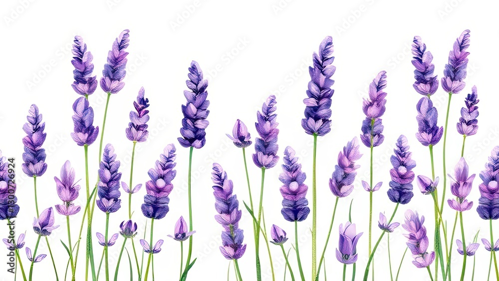 Fototapeta premium Lavender Flowers Border Purple Floral Design Botanical Illustration White Background