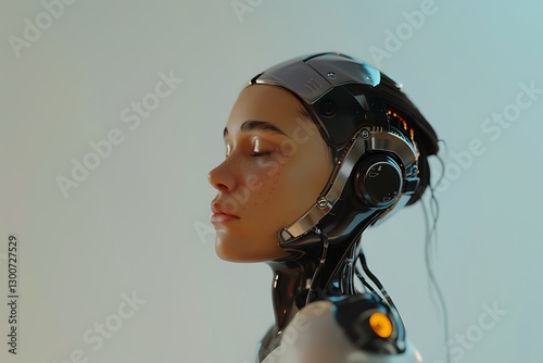 Futuristic humanoid robot with serene expression and advanced design