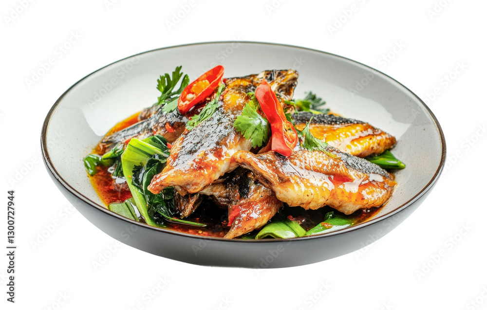 Delicious Asian fish dish served with fresh vegetables and chili garnishes for a vibrant dining experience, cut out Delicious Asian fish dish served with fresh vegetables and chili garnishes for a vibrant dining experience, cut out