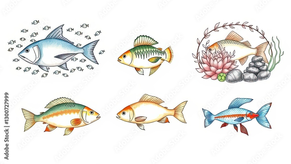 Naklejka premium Colorful Fish Illustration School Koi Aquatic Life Underwater Scene