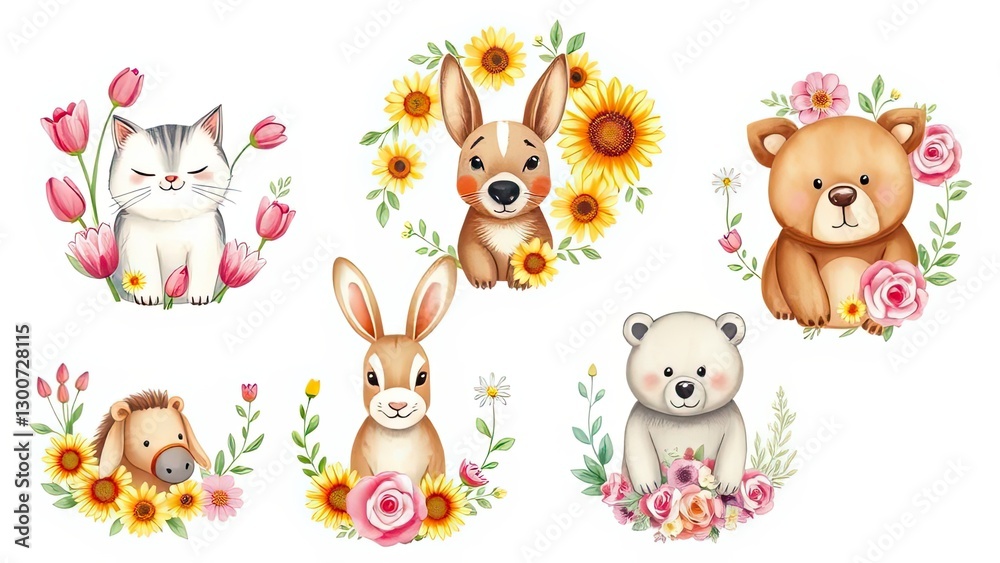 Adorable Baby Animals with Flowers Cute Cat Bunny Bear Hedgehog Watercolor Illustration Adorable Baby Animals with Flowers Cute Cat Bunny Bear Hedgehog Watercolor Illustration