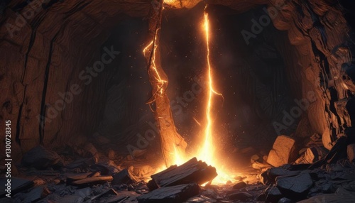 Daring flames crackle in the stillness of an abandoned mine shaft ,  mine,  ruins,  flames