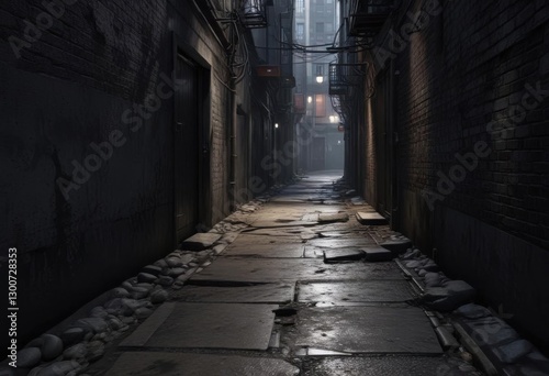 Dark alleyway with faint footprints leading into shadows,  night,  mystery,  silhouette