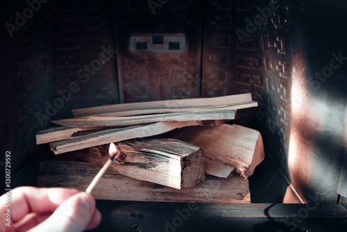 Lighting Firewood with Match Inside Fireplace