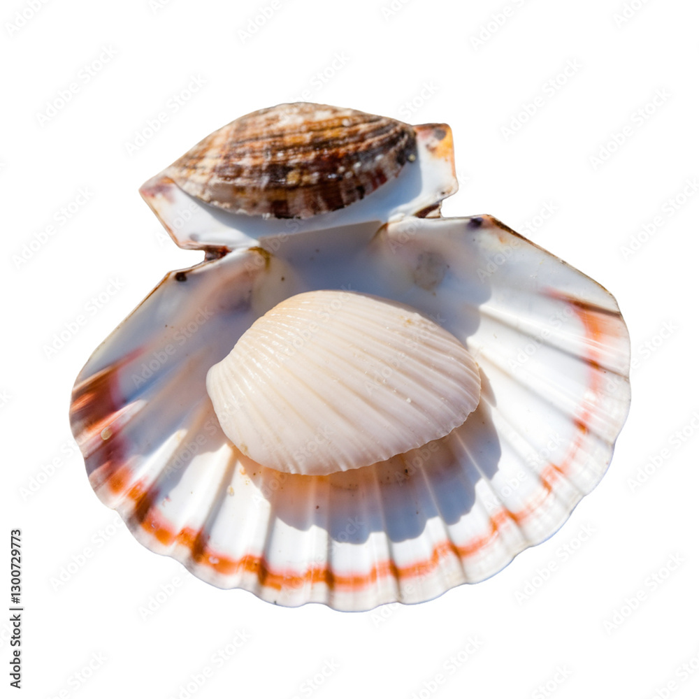 Open white seashell with brownish-orange hues containing raw scallop isolated on transparent background PNG Open white seashell with brownish-orange hues containing raw scallop isolated on transparent background PNG