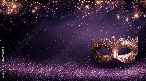 Golden Mask and Glitter on a Dark Purple Background for Celebration or Party