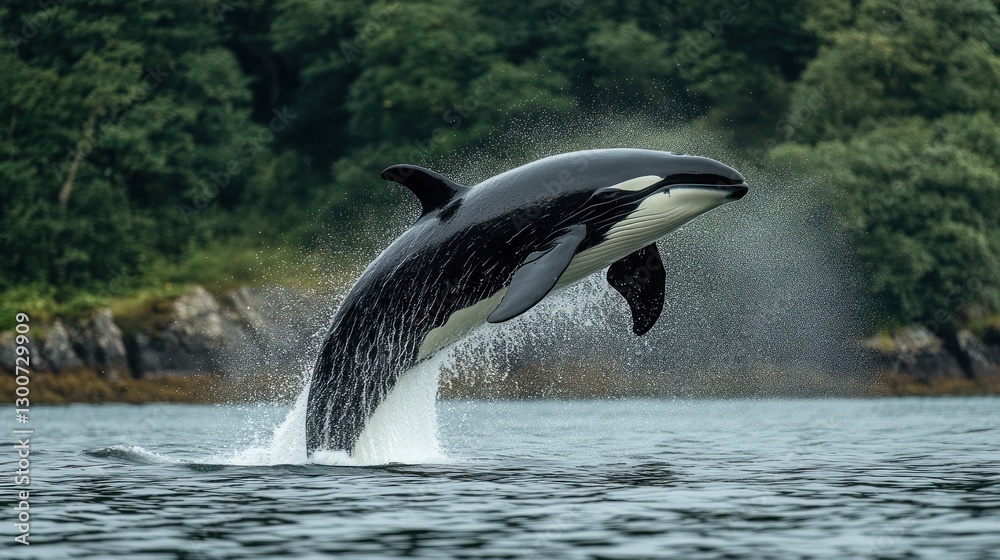 Obraz premium Orca breaching from ocean water, leaping high.