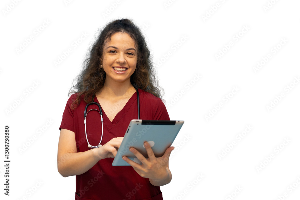 Smiling nurse using digital tablet with transparent background Smiling nurse using digital tablet with transparent background
